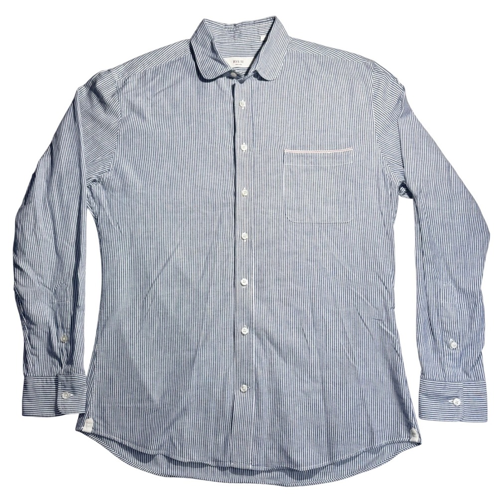 Rye 51 Button Up Shirt 100% Linen Blue Striped ITALY Made Coastal Preppy Mens L